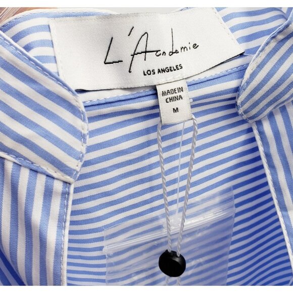 L'Academie High Low Popover Shirt Women M Blue White Stripe Long Tail Hook Front - Picture 6 of 9